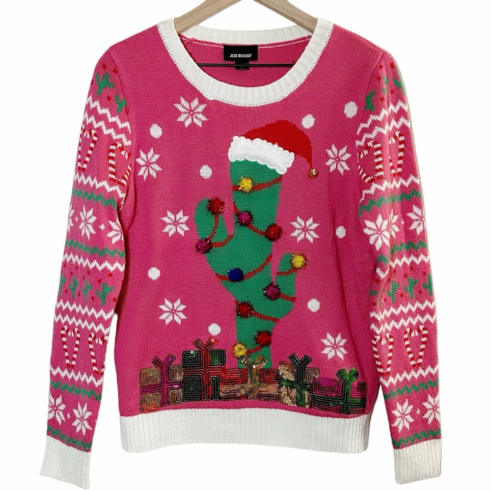 Joe Boxer Juniors Large Pink Ugly Christmas Sweater Cactus Sequin Gifts Pompoms